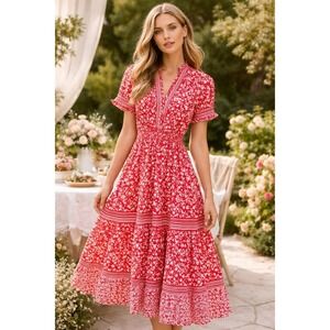 Max Edition Womens Large Red Floral Smocked Waist Tiered Maxi Dress Cottagecore